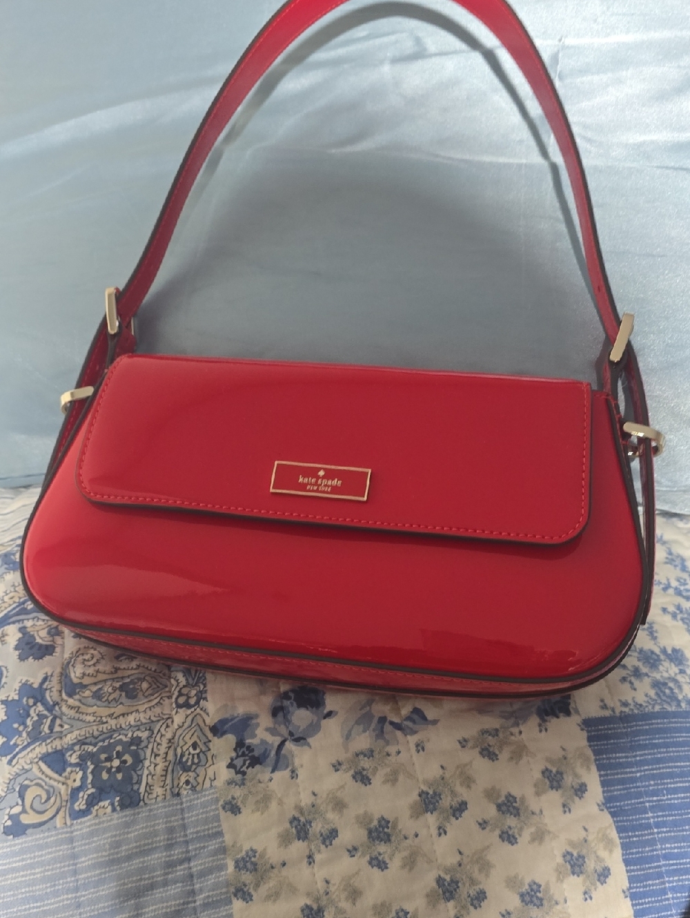 kate spade Bridget Red Patent Shoulder Bag with Gold Plaque